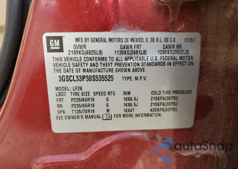 2008 Saturn Vue Xe z USA, uszkodzony, nr VIN 3GSCL33P38S535525